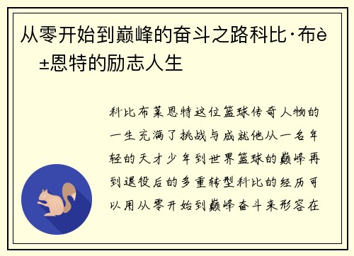 从零开始到巅峰的奋斗之路科比·布莱恩特的励志人生