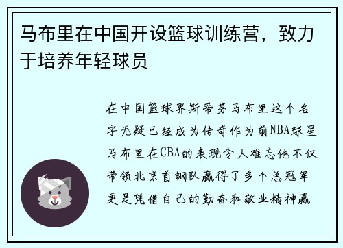 马布里在中国开设篮球训练营，致力于培养年轻球员